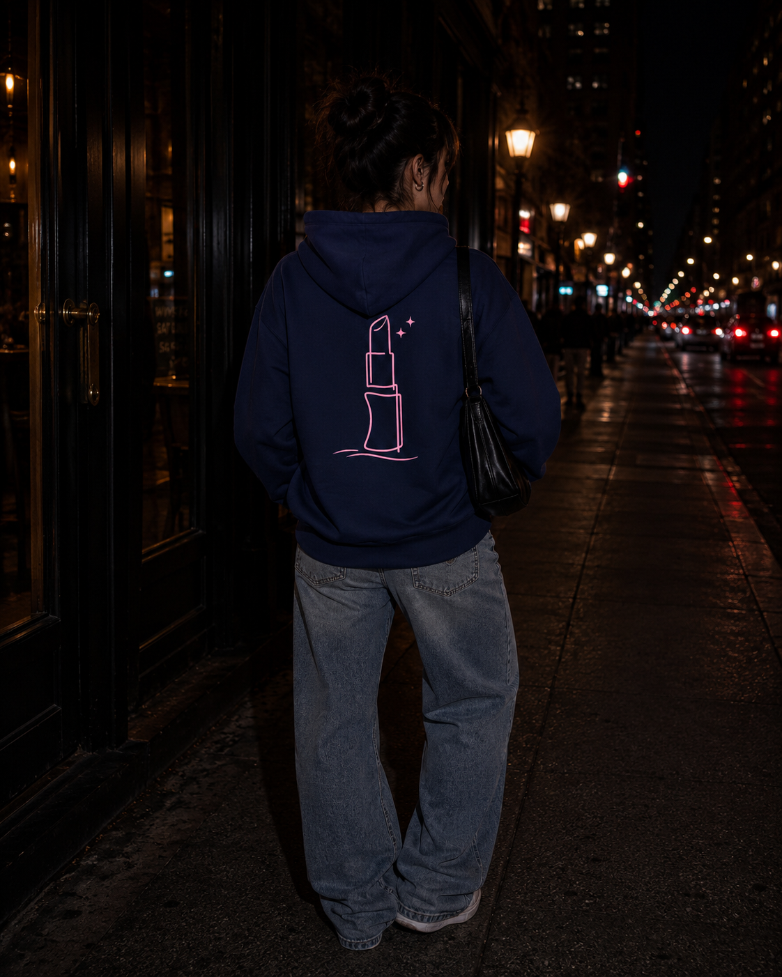 Navy - Pink Lipstick Graphic Back - Hoodie