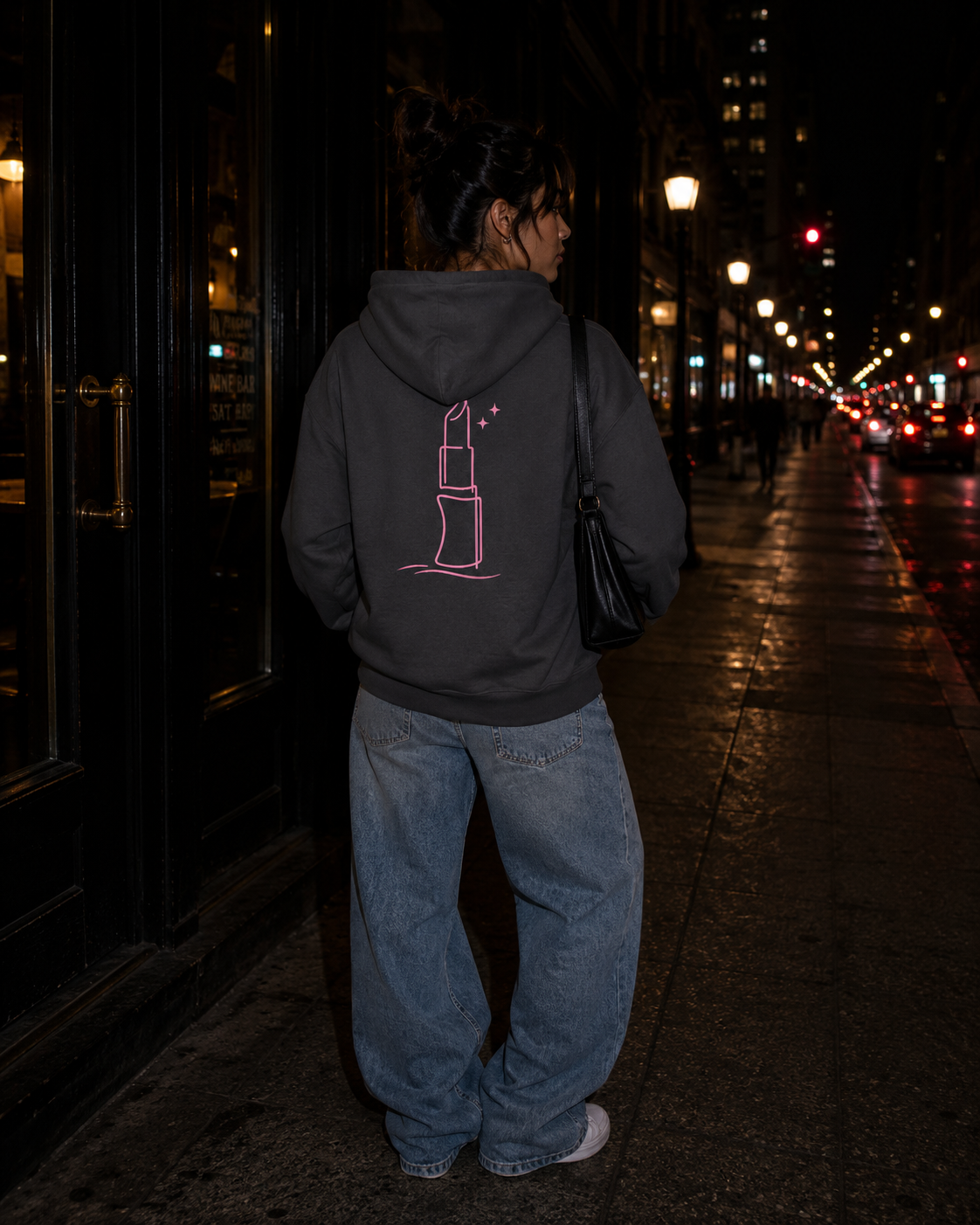 Charcoal - Pink Lipstick Graphic Back - Hoodie